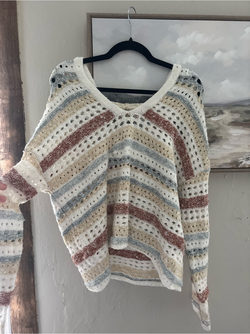 BKE Cream Multi Open-Knit V-Neck Sweater